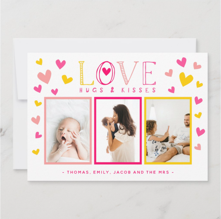 Love Hugs Kisses Family 3 Photo Collage Valentines Holiday Card