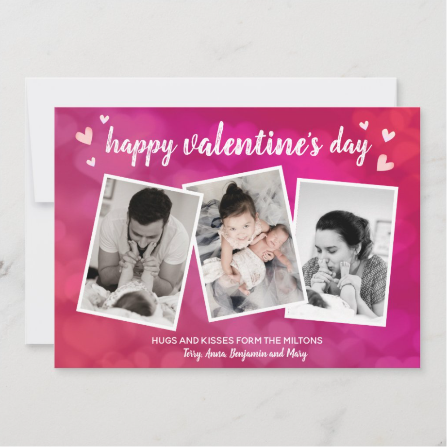 Happy Valentine's Day Family 3 Photo Collage Pink Holiday Card