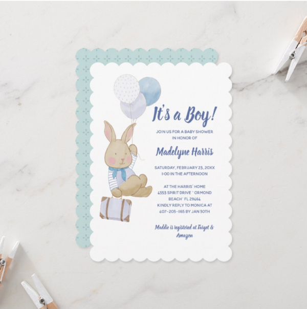 Cute Bunny Blue Balloons Its a Boy Baby Shower Invitation