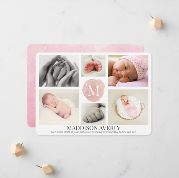 Watercolor Pink Monogram Photo Collage Girl Birth Announcement