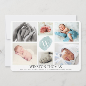 Watercolor Blue Monogram Photo Collage Boy Birth Announcement