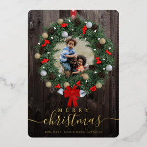 Wreath Custom Photo Merry Christmas Family Name Foil Holiday Card
