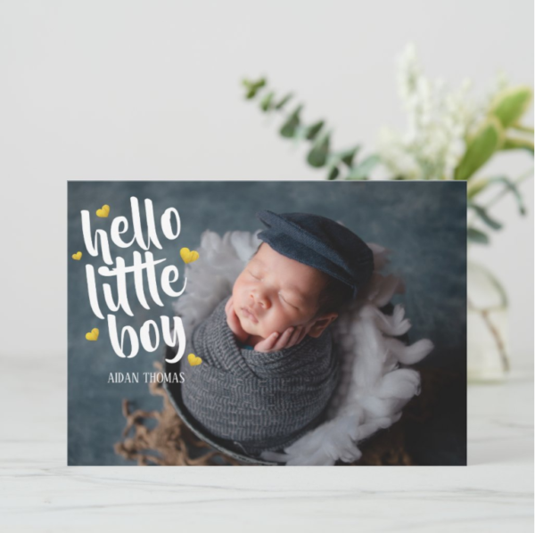 Hello little boy Gold Heart Photo Collage Birth Announcement