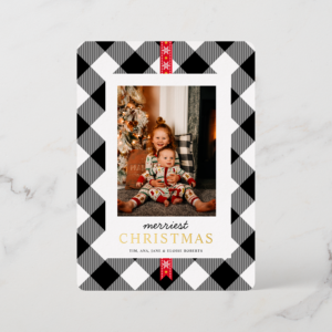 Custom Photo Black White Tartan Plaid Xmas Foil Holiday Card