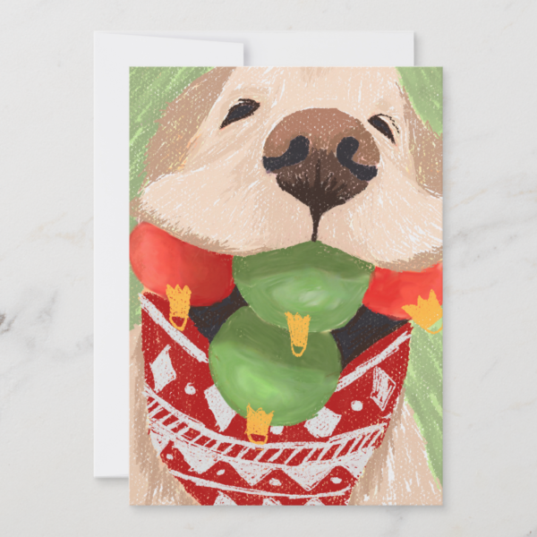 golden retriever christmas card, hand drawn, pet