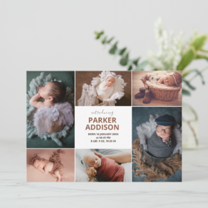 Modern 6 Photo Collage Grid Newborn Baby Birth Announcement