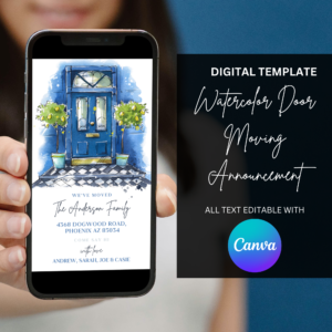 Blue Watercolor Door DIGITAL Moving Announcement Template, Moving Announcement Digital Card, New Address, INSTNT DOWNLOAD