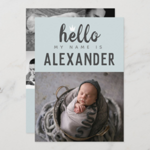 Hello My Name Is Photo Collage Blue Crown BIrth Announcement