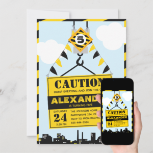 Construction Caution Sign Boy Birthday Party Invitation