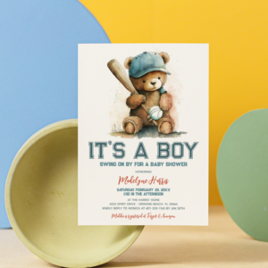 Baseball Teddy Bear Watercolor Boy Baby Shower Invitation