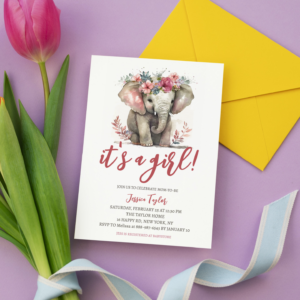 Watercolor Elephant Pink Floral Girl Baby Shower Invitation