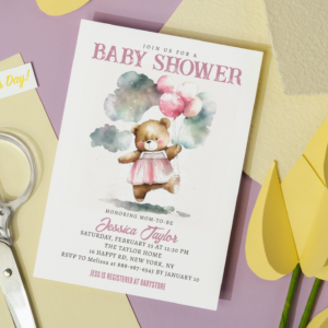 Teddy Bear Balloons Clouds Girly Baby Shower Invitation
