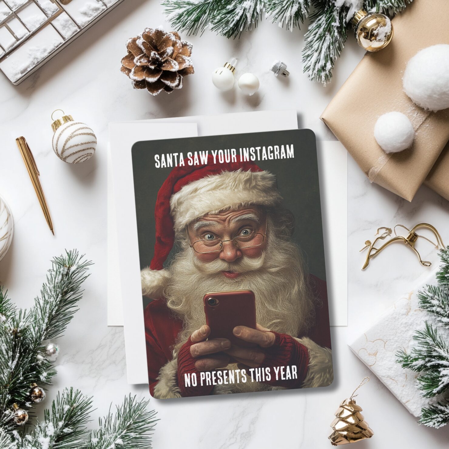 Sarcastic Christmas card featuring Santa holding a smartphone with the message 'Santa saw your Instagram, no presents this year,' surrounded by elegant holiday decorations and gifts