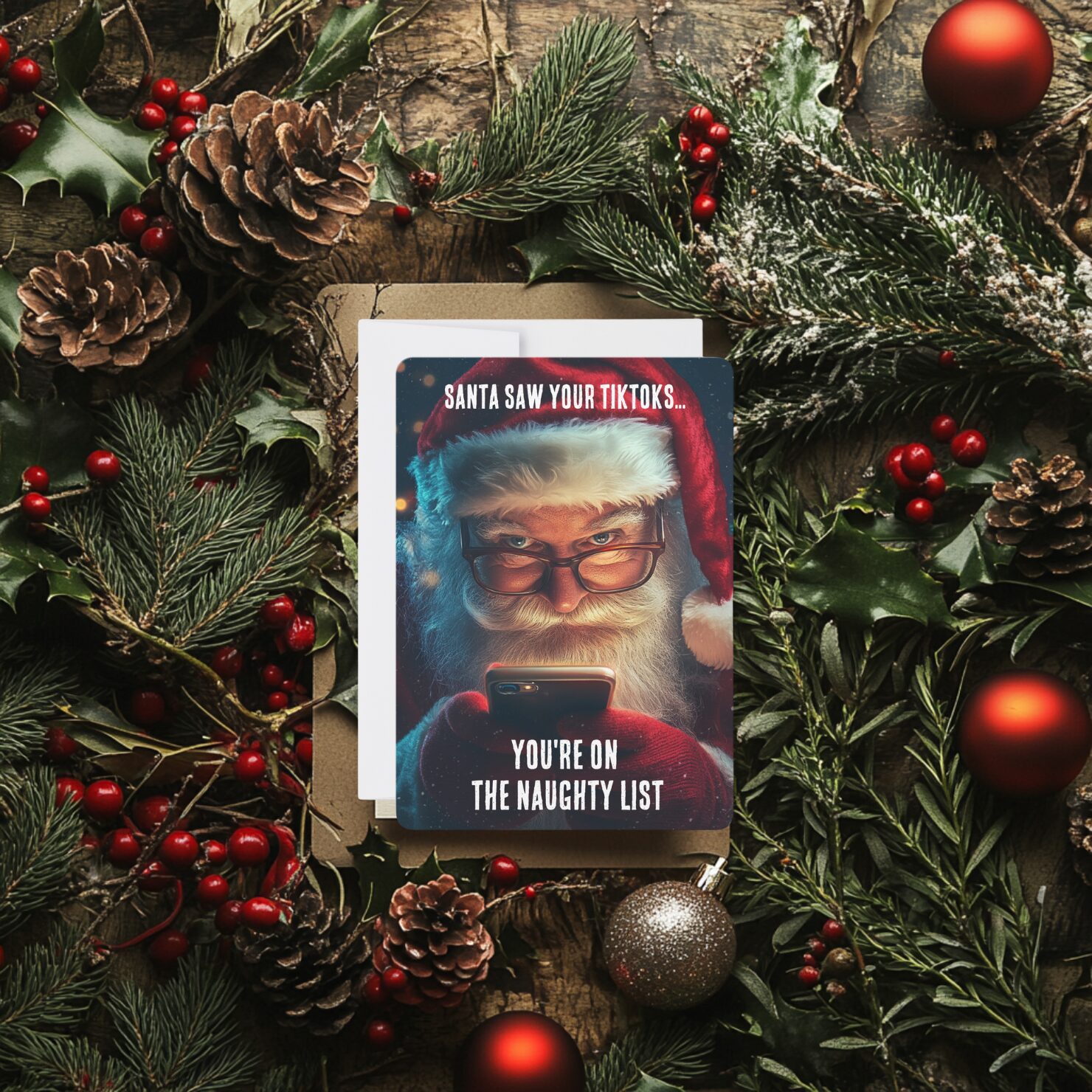 Sarcastic Christmas card featuring Santa looking at a smartphone with the message 'Santa saw your TikToks... You're on the naughty list,' surrounded by festive greenery and ornaments