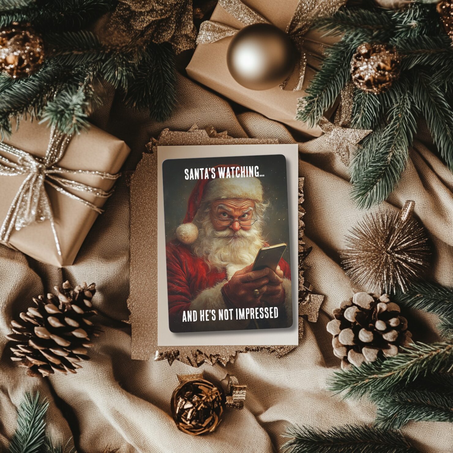 Sarcastic Christmas card featuring Santa looking at a smartphone with the message 'Santa's watching... and he's not impressed,' surrounded by elegant holiday gifts and decorations