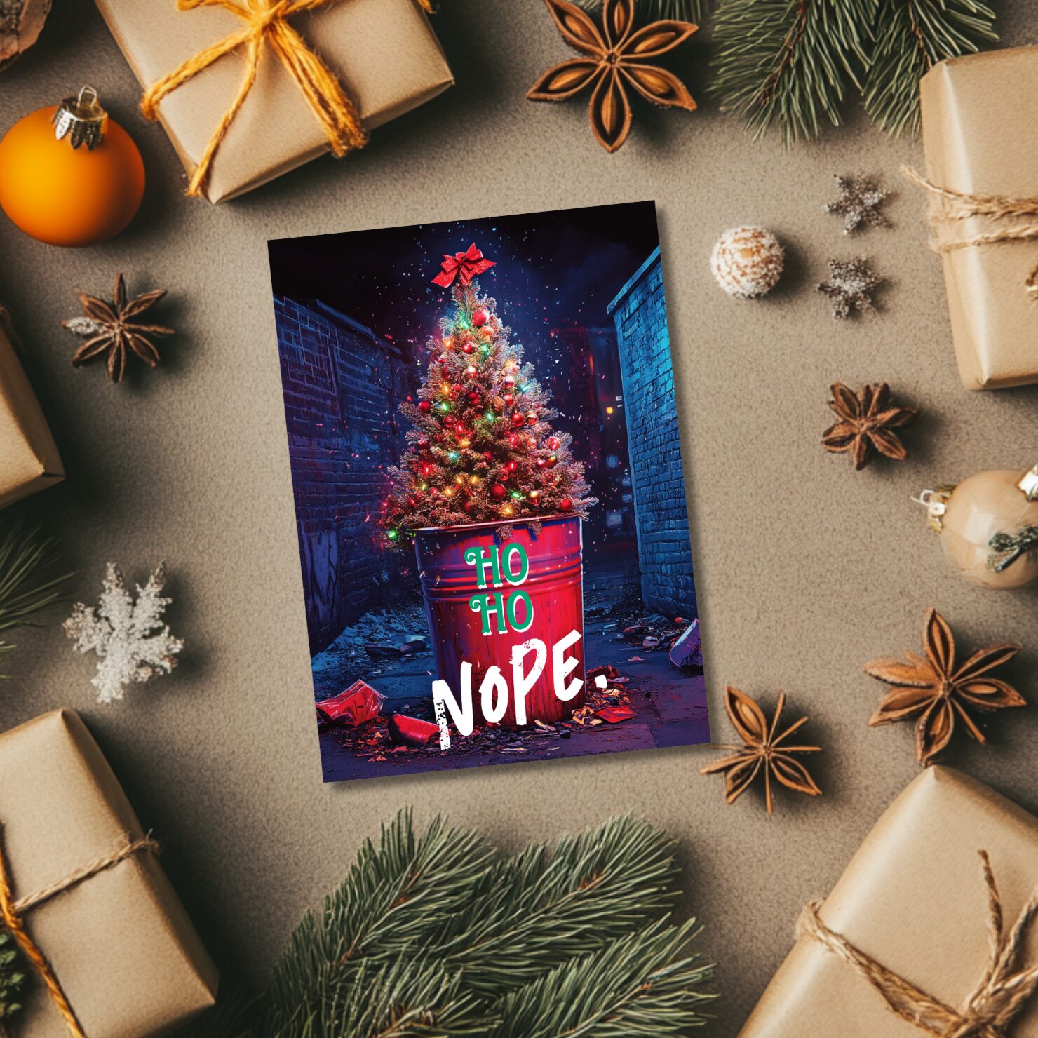 Sarcastic Christmas card with a decorated tree in a trash can and the message 'Ho Ho Nope,' surrounded by festive gift boxes and holiday spices.