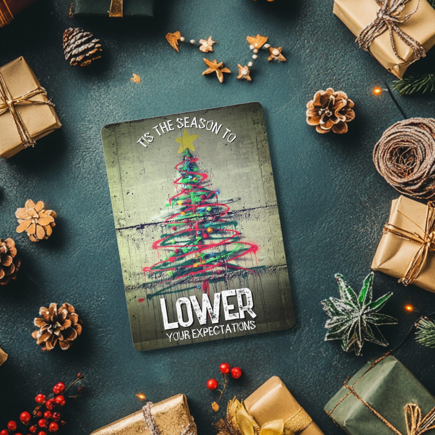 Alt Text: "Sarcastic Christmas card featuring a graffiti-style Christmas tree with the message 'Tis the season to lower your expectations,' surrounded by holiday gifts and decorations.