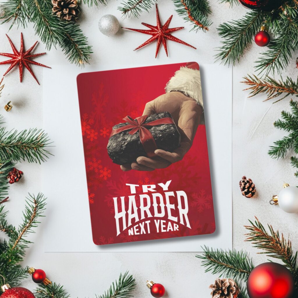 Sarcastic Christmas card with a hand holding a lump of coal wrapped in a ribbon, featuring the message 'Try harder next year,' surrounded by festive decorations.