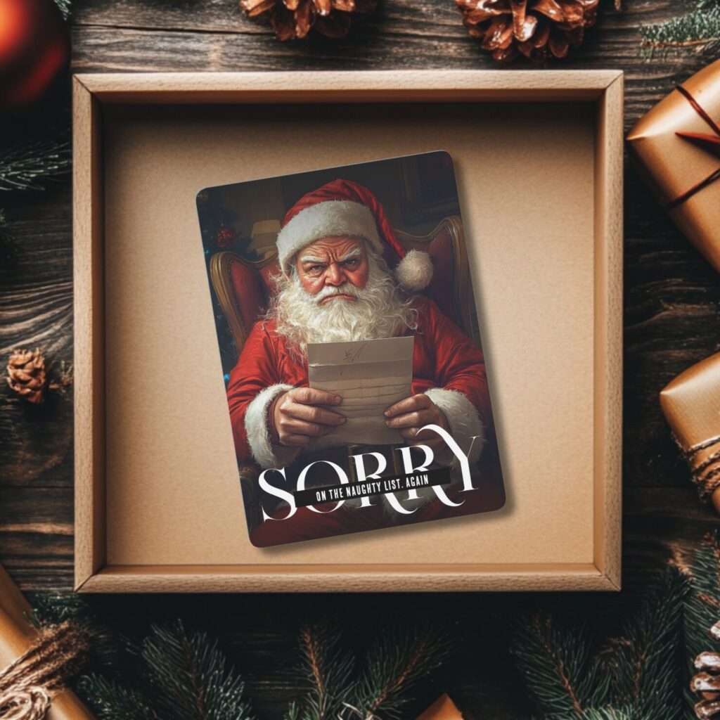 Sarcastic Christmas card featuring a grumpy Santa holding a letter with the message 'Sorry, on the naughty list again,' placed inside a festive gift box surrounded by holiday decorations.