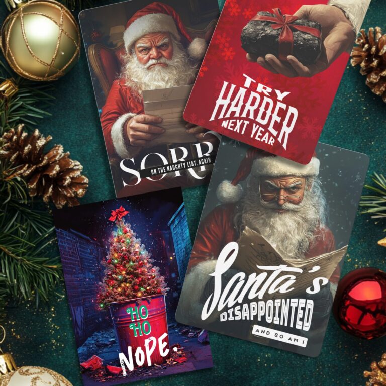 A collection of sarcastic Christmas cards featuring grumpy Santa and humorous messages like 'Sorry, on the naughty list again,' 'Try harder next year,' 'Santa's disappointed and so am I,' and 'Ho Ho Nope' with a decorated trash can.