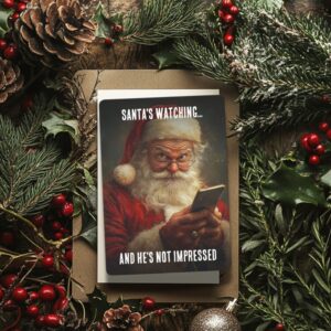 Funny Christmas card featuring Santa looking unimpressed at his phone, with the text “Santa’s Watching — And He’s Not Impressed.” Perfect sarcastic holiday card for friends or coworkers.