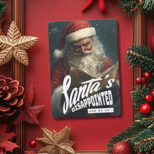 Funny Christmas card featuring a stern Santa reading a list, with the text “Santa’s Disappointed — And So Am I.” Perfect sarcastic Christmas card for friends or coworkers with a dark sense of humor.