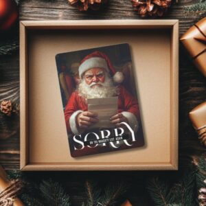 Funny Christmas card featuring Santa holding a letter with the text “Sorry — On the Naughty List Again.” Perfect sarcastic Christmas card for friends, couples, or coworkers who love holiday humor.